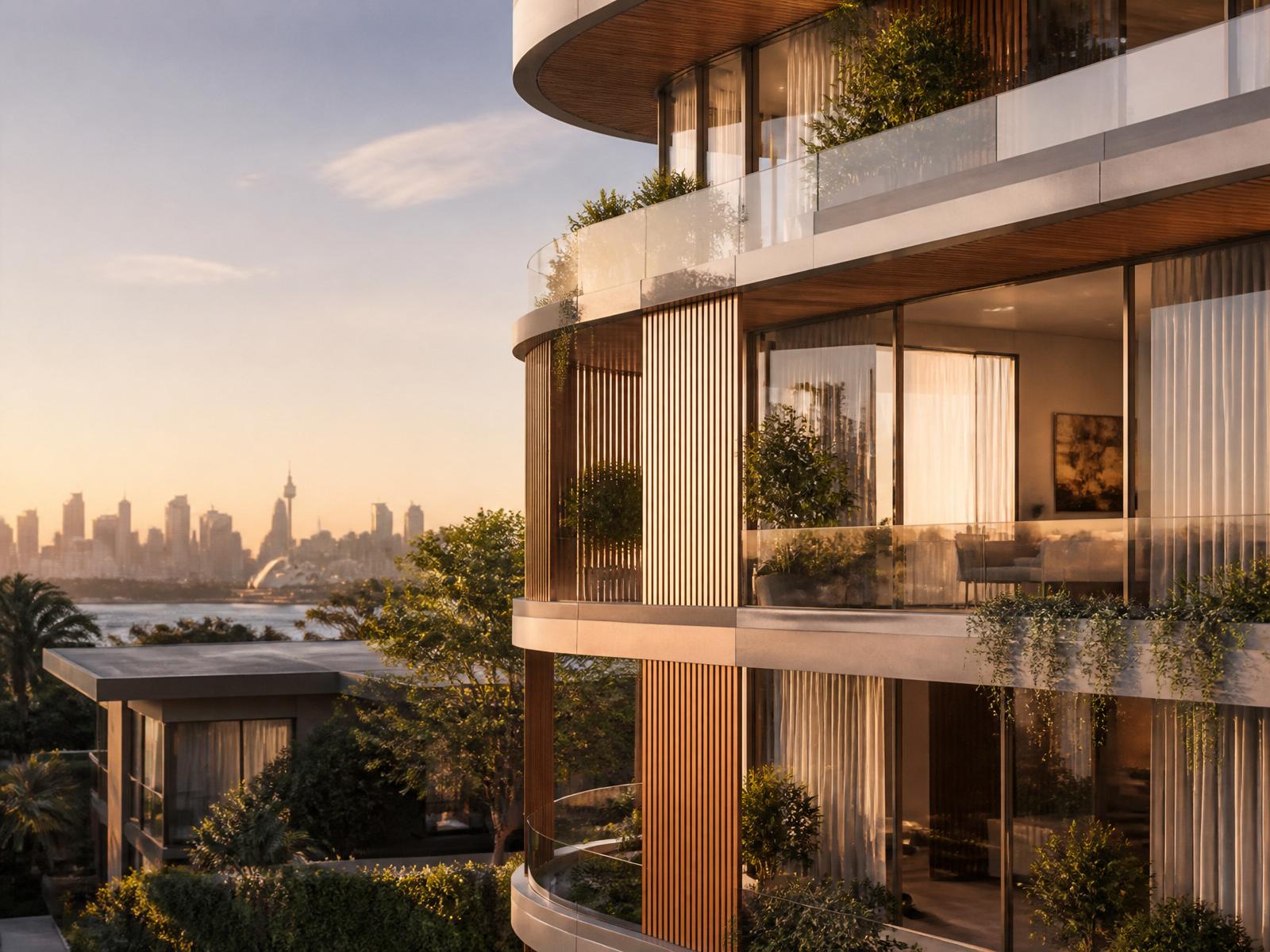 Premium modern Australian residential property portfolio at golden hour with Sydney skyline in the distance